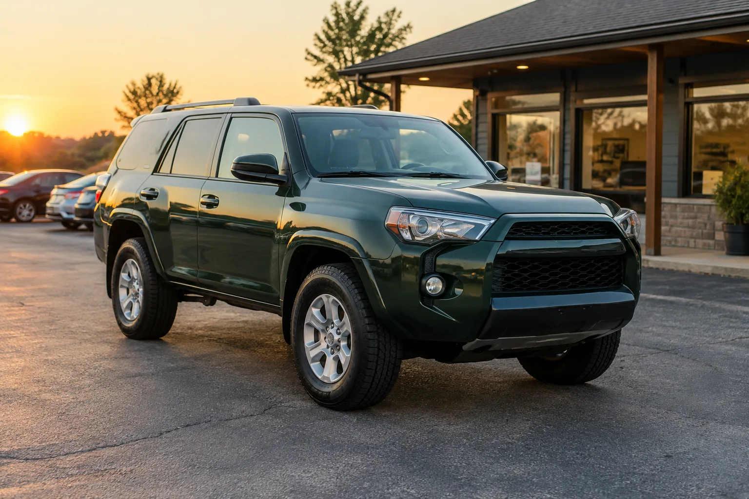 SUV vert foncé garé devant un garage indépendant