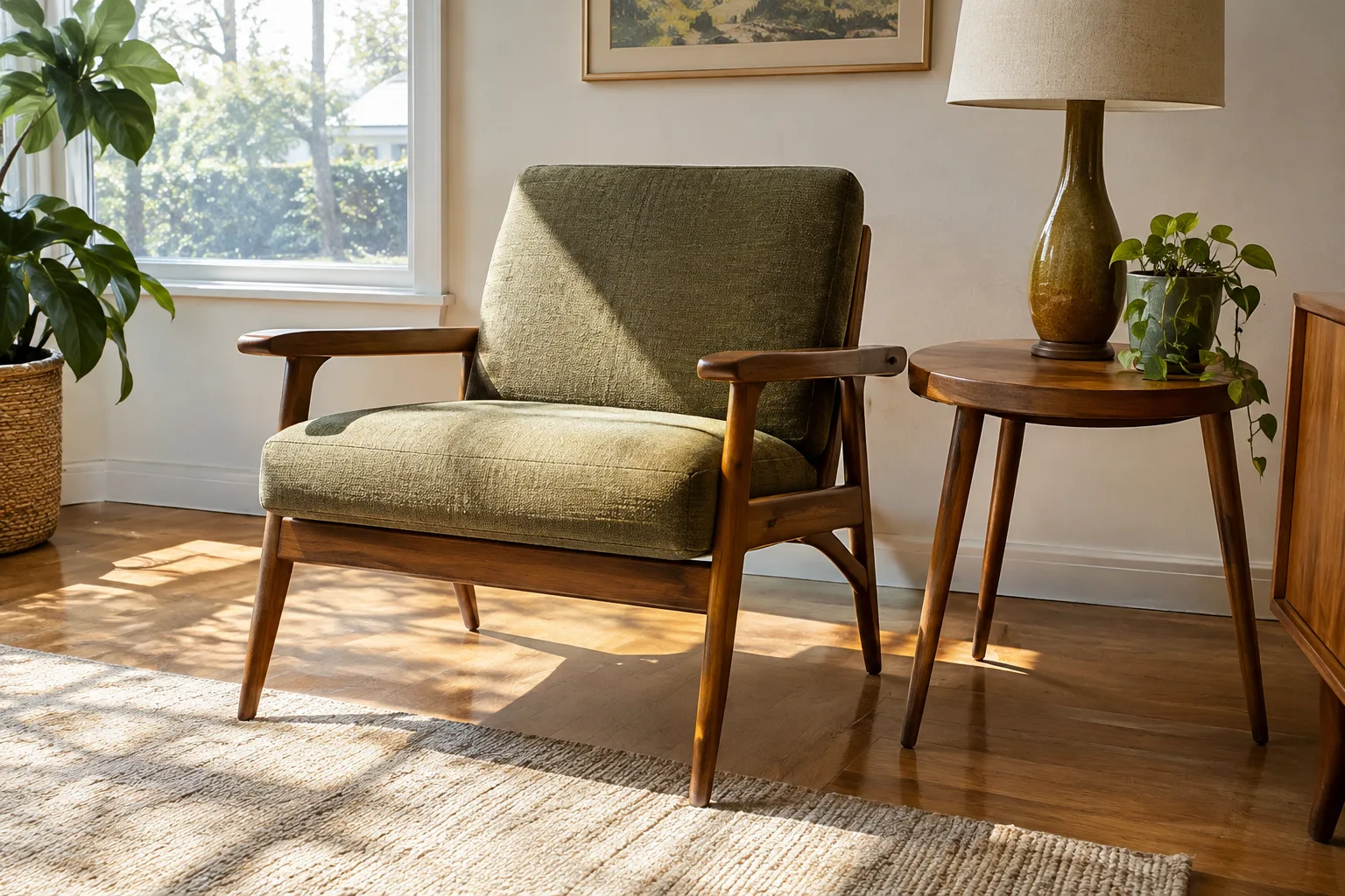 Fauteuil vintage vert et table d’appoint en bois dans un salon ensoleillé