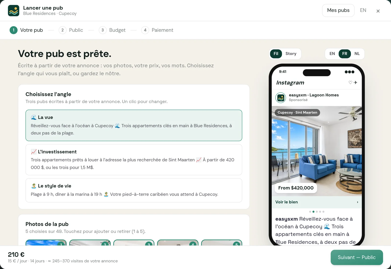 Le parcours Coucou Ads aux couleurs d’une plateforme : la pub déjà rédigée et son aperçu Instagram.